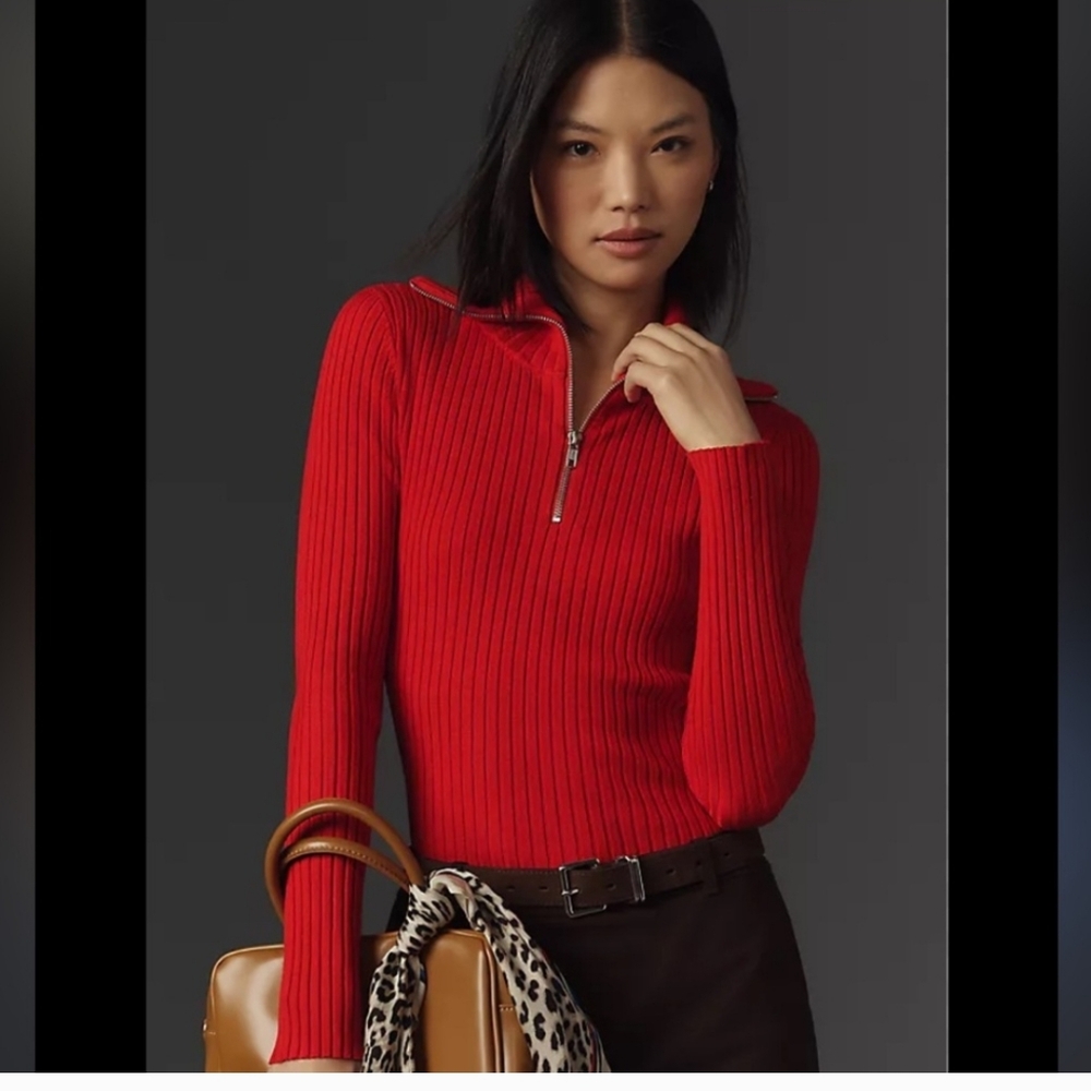 Maeve Anthropologie Red Quarter Zip Funnel Neck Ribbed Sweater Size L Large